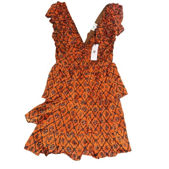 Orange Geo Medallion Print Dress With Ruffle Details By Socialite - Picture 2 of 8